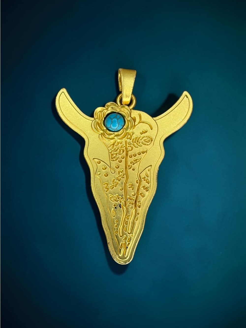 Gold Tone Bull Skull Pendant with Turquoise Accent Western Boho Statement Jewelr